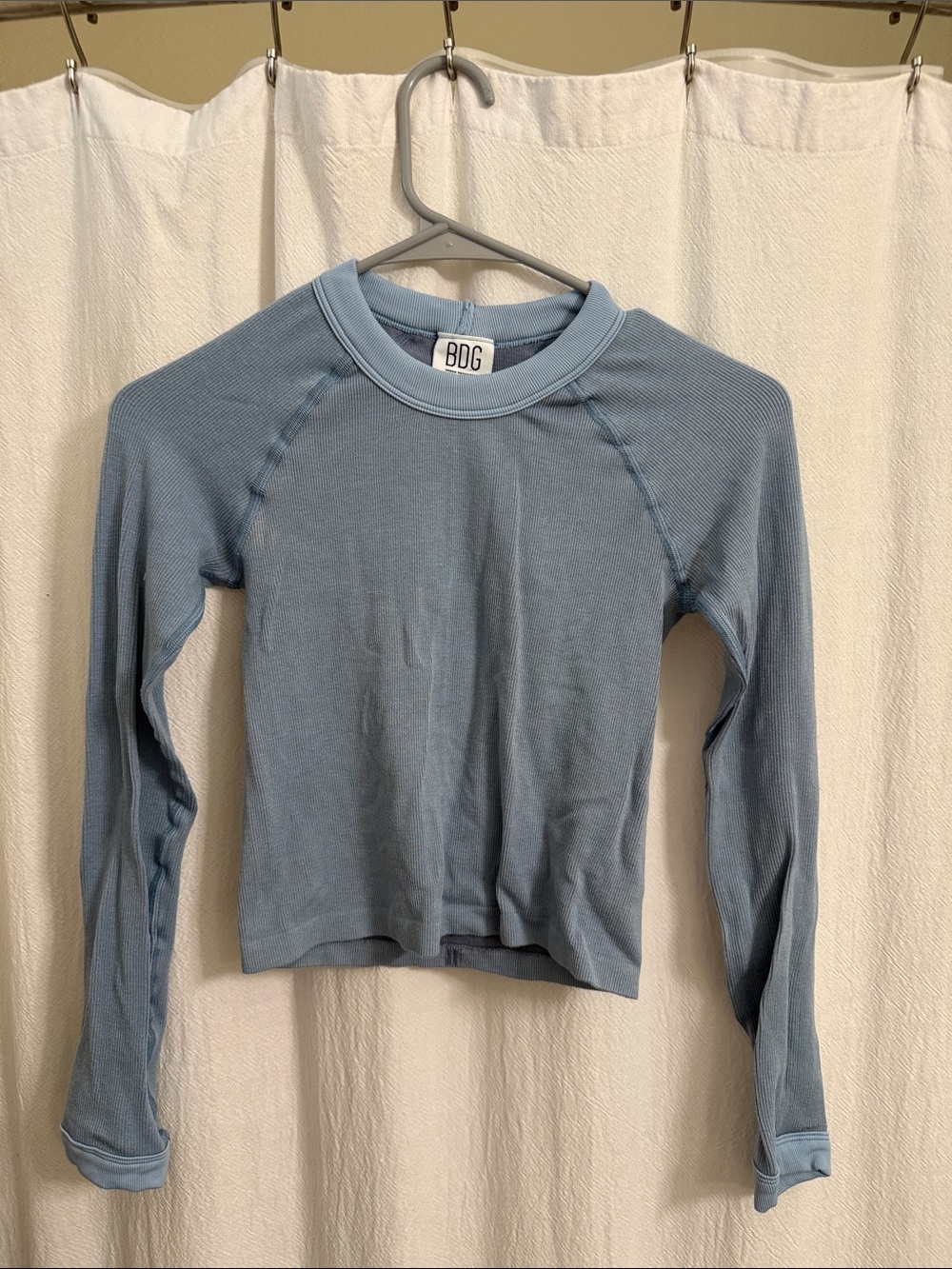 BDG Long-Sleeve Cropped Ribbed Crew in Dusty Blue